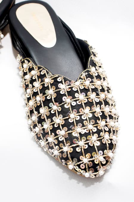 Foot Fuel Black Embroidery Elodie Mule Block Heels Online at Aza Fashions Foot Fuel_Black Embroidery Elodie Mule Block Heels _Online_at_Aza_Fashions