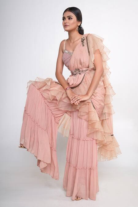 Merge Design_Peach Chiffon, Crepe, Organza Embroidery, Stones Sharara Pant Saree Set _Online_at_Aza_Fashions