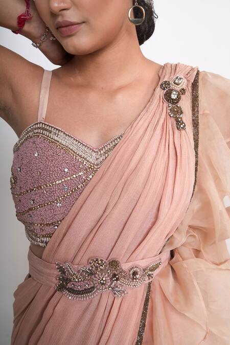 Shop_Merge Design_Peach Chiffon, Crepe, Organza Embroidery, Stones Sharara Pant Saree Set _Online_at_Aza_Fashions