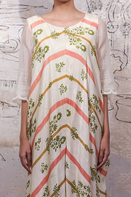 Ekru_Ivory Linen, Organza, Taffeta Embroidery Round Lemam Printed Draped Jumpsuit_Online_at_Aza_Fashions