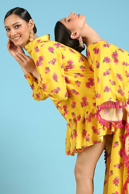 Marche_Yellow Floral Print Cotton Silk Kaftan _Online_at_Aza_Fashions