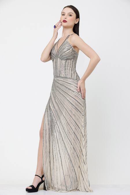 Buy_Ambrosia_White Nylon Sequins, Cut Work V-neck Hand Embellished Side Slit Gown _Online_at_Aza_Fashions