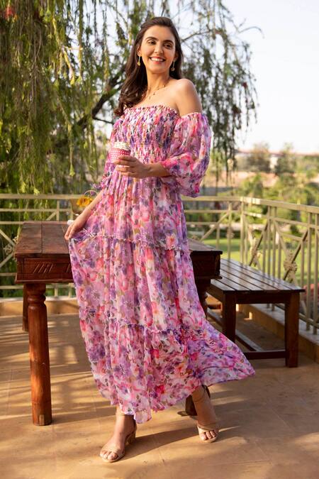 B'Infinite_Purple Chiffon Off-shoulder Floral Pattern Off Dress_at_Aza_Fashions