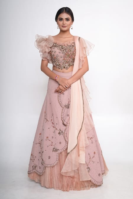 Merge Design_Pink Georgette, Organza, Chiffon, Net Embroidery, Stones Overlap Lehenga Set _Online_at_Aza_Fashions