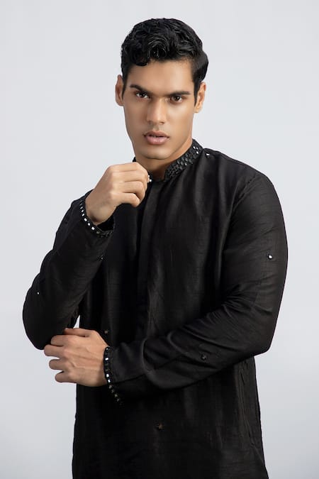 Buy Kaka Calcutta Black Cotton, Silk Mirrors Embroidered Collar Kurta Set Online at Aza Fashions Buy_Kaka Calcutta_Black Cotton, Silk Mirrors Embroidered Collar Kurta Set _Online_at_Aza_Fashions