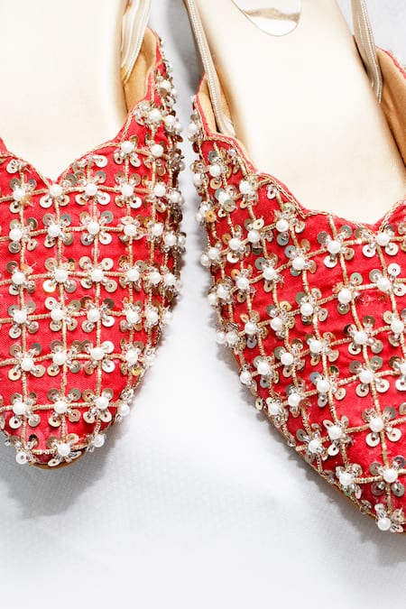 Foot Fuel Red Embroidery Lagoon Mule Block Heels Online at Aza Fashions Foot Fuel_Red Embroidery Lagoon Mule Block Heels _Online_at_Aza_Fashions