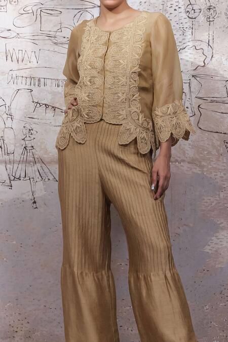Ekru_Beige Organza, Linen, Chanderi Caterpillar Jacket With Pintuck Pant Set_Online_at_Aza_Fashions