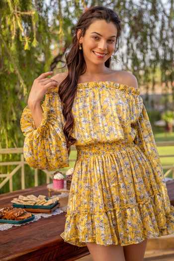 B'Infinite Yellow Satin Off-shoulder Floral Pattern Shirred Dress Online at Aza Fashions B'Infinite_Yellow Satin Off-shoulder Floral Pattern Shirred Dress_Online_at_Aza_Fashions