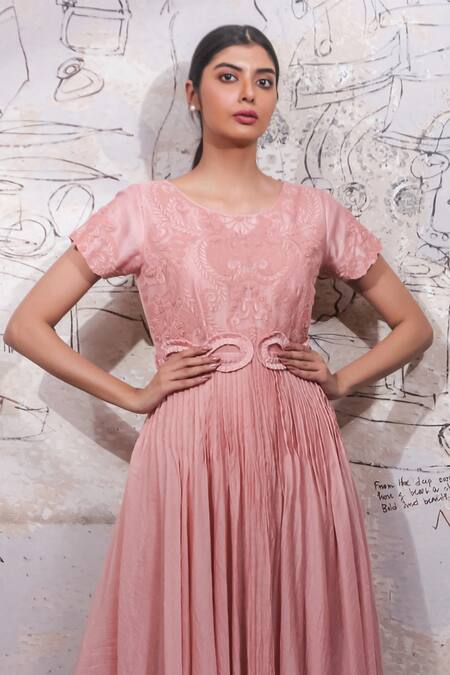 Ekru_Coral Organza, Chanderi Embroidery Round Neck Hatter Gown_Online_at_Aza_Fashions