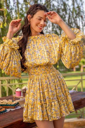Buy B'Infinite Yellow Satin Off-shoulder Floral Pattern Shirred Dress Online at Aza Fashions Buy_B'Infinite_Yellow Satin Off-shoulder Floral Pattern Shirred Dress_Online_at_Aza_Fashions