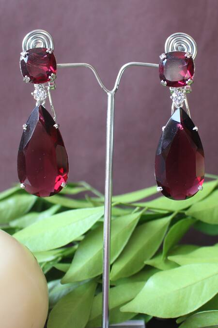 Shop_Nayaab By Sonia_Silver Plated Cubic Zirconia Diamonds And Semi Precious Embellished Drop Earrings_Online_at_Aza_Fashions