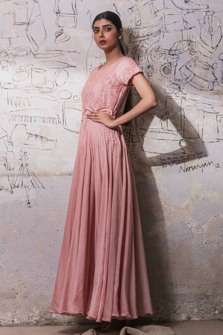 Buy_Ekru_Coral Organza, Chanderi Embroidery Round Neck Hatter Gown_Online_at_Aza_Fashions