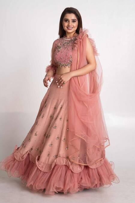 Merge Design_Pink Modal, Net, Chiffon Cut Work, Sequins, Pearls Hand Embroidered Lehenga Set _Online_at_Aza_Fashions