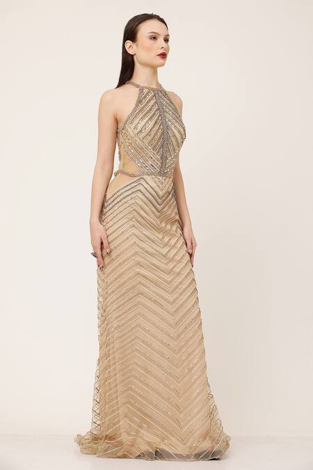Buy_Ambrosia_Beige Nylon Sequins Halter Neck Chevron Pattern Hand Embellished Gown _Online_at_Aza_Fashions
