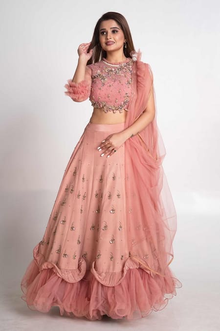 Buy_Merge Design_Pink Modal, Net, Chiffon Cut Work, Sequins, Pearls Hand Embroidered Lehenga Set _Online_at_Aza_Fashions