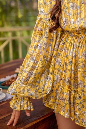 Shop B'Infinite Yellow Satin Off-shoulder Floral Pattern Shirred Dress Online at Aza Fashions Shop_B'Infinite_Yellow Satin Off-shoulder Floral Pattern Shirred Dress_Online_at_Aza_Fashions