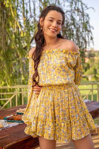 B'Infinite Yellow Satin Off-shoulder Floral Pattern Shirred Dress at Aza Fashions B'Infinite_Yellow Satin Off-shoulder Floral Pattern Shirred Dress_at_Aza_Fashions