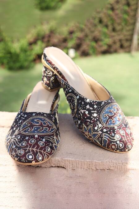 Foot Fuel_Black Embroidery, Sequins Phys Ajrak Block Heels _Online_at_Aza_Fashions