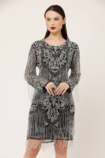 Ambrosia_Black Nylon Beads, Tassels Round Neck Hand Made Detailed Dress _Online_at_Aza_Fashions