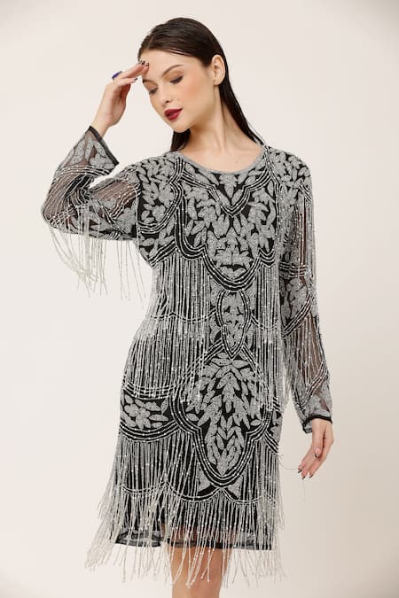 Buy_Ambrosia_Black Nylon Beads, Tassels Round Neck Hand Made Detailed Dress _Online_at_Aza_Fashions