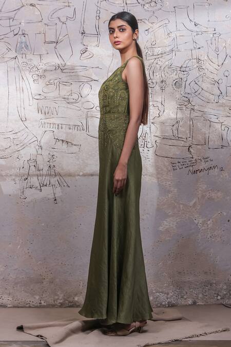Ekru Green Linen, Satin, Organza Embroidery, Sequins Round Neck Caterpillar Jumpsuit Online at Aza Fashions Ekru_Green Linen, Satin, Organza Embroidery, Sequins Round Neck Caterpillar Jumpsuit_Online_at_Aza_Fashions