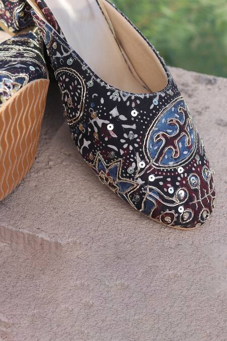 Foot Fuel_Black Embroidery, Sequins Phys Ajrak Block Heels _at_Aza_Fashions