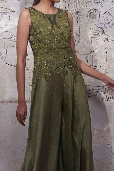 Buy Ekru Green Linen, Satin, Organza Embroidery, Sequins Round Neck Caterpillar Jumpsuit Online at Aza Fashions Buy_Ekru_Green Linen, Satin, Organza Embroidery, Sequins Round Neck Caterpillar Jumpsuit_Online_at_Aza_Fashions