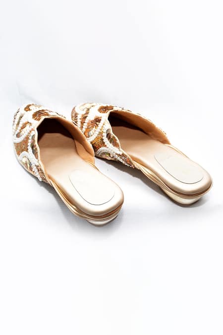 Foot Fuel_Gold Embroidery Elysian Mule Block Heels _Online_at_Aza_Fashions