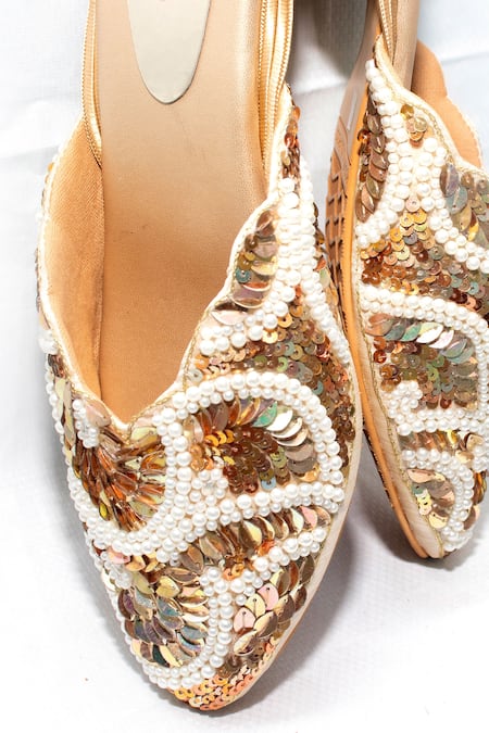 Buy_Foot Fuel_Gold Embroidery Elysian Mule Block Heels _Online_at_Aza_Fashions