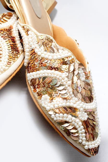 Shop_Foot Fuel_Gold Embroidery Elysian Mule Block Heels _Online_at_Aza_Fashions