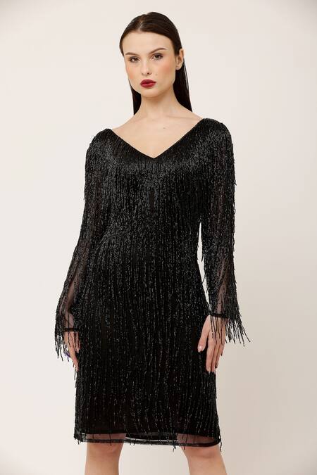 Ambrosia_Black Nylon Beads, Tassels V-neck Cutdana Detailed Dress _Online_at_Aza_Fashions