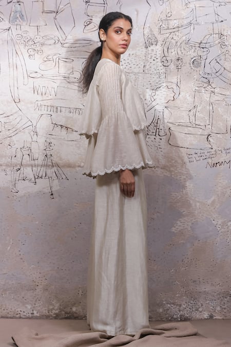 Buy_Ekru_Ivory Chanderi, Linen, Satin Cheshire Layered Jacket With Pleated Pant Set_Online_at_Aza_Fashions