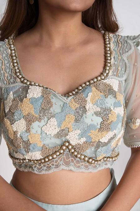 Merge Design_Blue Net, Organza, Chiffon Embroidery, Pearls, Sequins Sweetheart Lehenga Set _Online_at_Aza_Fashions