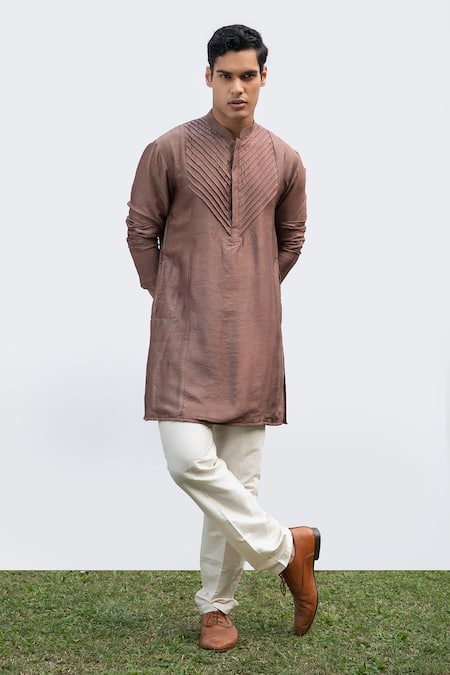Buy Kaka Calcutta Brown Cotton, Silk Placement Pintucks Pattern Kurta Set Online at Aza Fashions Buy_Kaka Calcutta_Brown Cotton, Silk Placement Pintucks Pattern Kurta Set _Online_at_Aza_Fashions