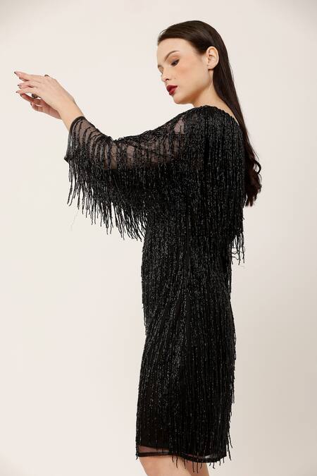 Buy_Ambrosia_Black Nylon Beads, Tassels V-neck Cutdana Detailed Dress _Online_at_Aza_Fashions