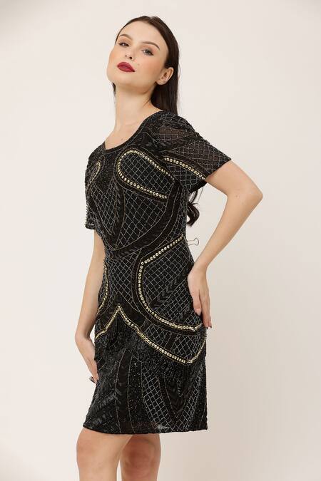 Buy_Ambrosia_Black Nylon Beads Round Neck Hand Embellished Dress _Online_at_Aza_Fashions