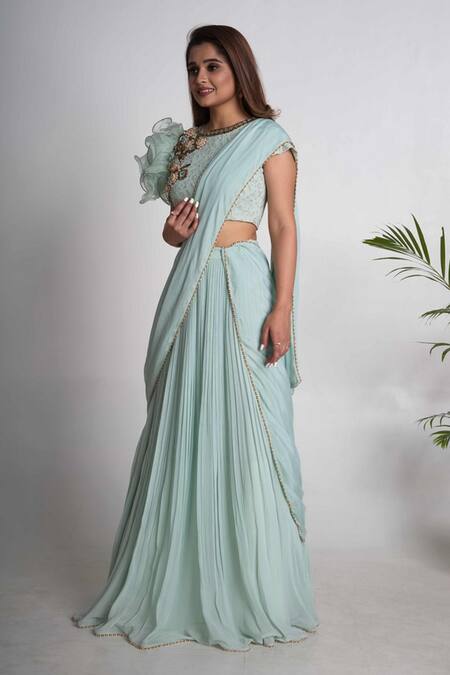Merge Design_Blue Georgette Embroidered Floral Round Pre-draped Lehenga Saree Set _Online_at_Aza_Fashions