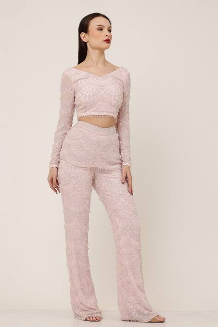 Ambrosia_Pink Nylon Embroidery V-neck Hand Embellished Crop Top And Pant Set _Online_at_Aza_Fashions