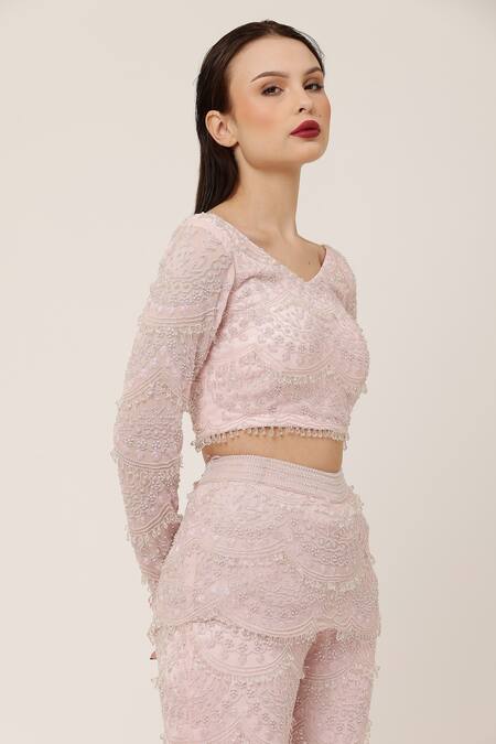 Buy_Ambrosia_Pink Nylon Embroidery V-neck Hand Embellished Crop Top And Pant Set _Online_at_Aza_Fashions