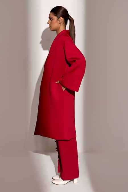 Kritika Madan Label Red Banana Crepe Plain Jacket Shawl Collar Full Sleeve Coat And Pant Set Online at Aza Fashions Kritika Madan Label_Red Banana Crepe Plain Jacket Shawl Collar Full Sleeve Coat And Pant Set_Online_at_Aza_Fashions