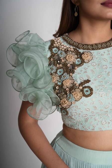 Shop_Merge Design_Blue Georgette Embroidered Floral Round Pre-draped Lehenga Saree Set _Online_at_Aza_Fashions