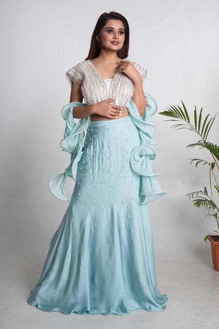 Merge Design_Blue Modal, Satin, Crepe Pearls, Cut Work, Embroidery Fish-cut Lehenga Set _Online_at_Aza_Fashions
