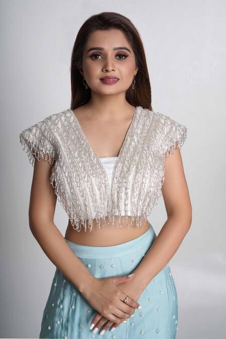 Buy_Merge Design_Blue Modal, Satin, Crepe Pearls, Cut Work, Embroidery Fish-cut Lehenga Set _Online_at_Aza_Fashions