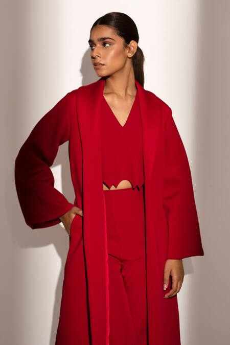Buy_Kritika Madan Label_Red Banana Crepe Plain Jacket Shawl Collar Full Sleeve Coat And Pant Set_Online_at_Aza_Fashions