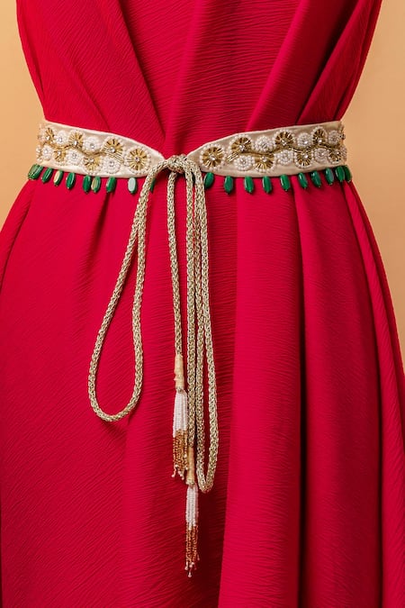 Buy_Mehraki_Gold 3d Pearls Flower Embroidered Belt _Online_at_Aza_Fashions