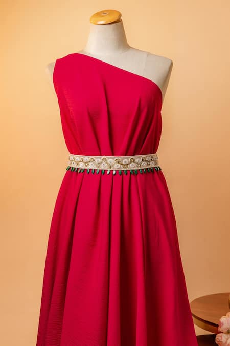 Shop_Mehraki_Gold 3d Pearls Flower Embroidered Belt _Online_at_Aza_Fashions
