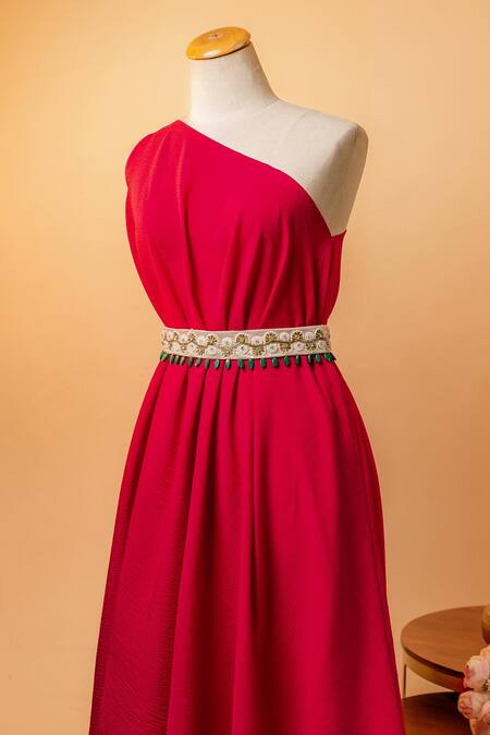 Mehraki_Gold 3d Pearls Flower Embroidered Belt _at_Aza_Fashions