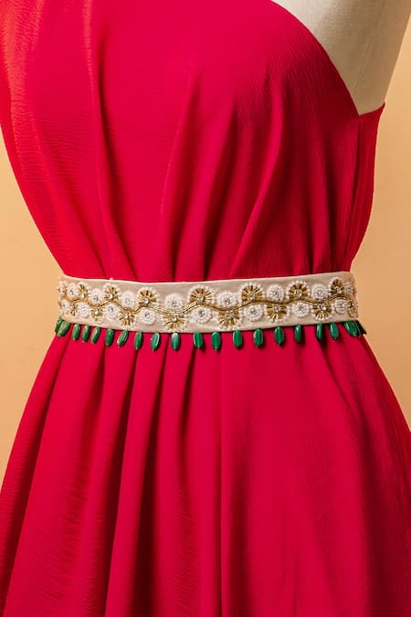 Buy_Mehraki_Gold 3d Pearls Flower Embroidered Belt 
