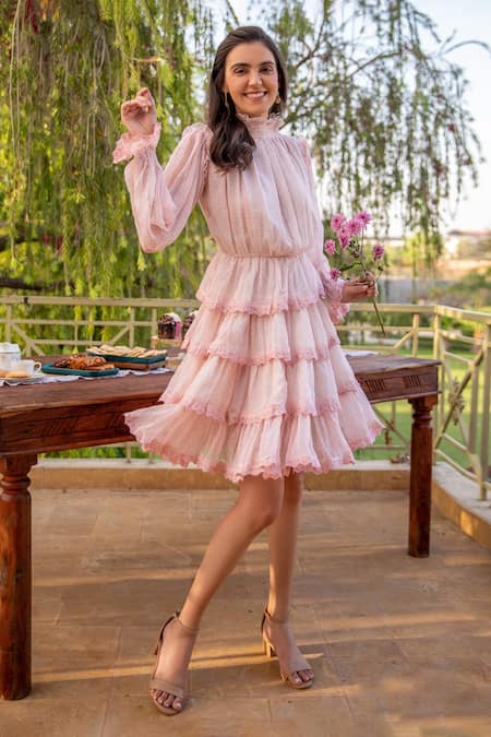 Shop_B'Infinite_Pink Chiffon Floral Pattern High Neck Tiered Dress_Online_at_Aza_Fashions