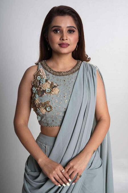 Merge Design_Blue Georgette, Crepe Sequins Round Neck Pre-draped Saree Set _Online_at_Aza_Fashions